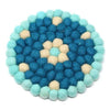 Hand Crafted Felt Ball Trivets from Nepal: Round Flower Design, Turquoise - Global Groove (T) - The Village Country Store 
