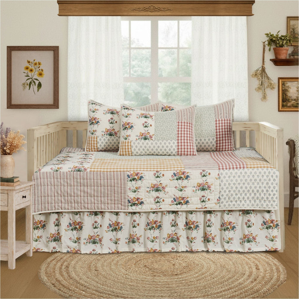 April & Olive Daybed Quilt Set Rosehill Cottage Floral Gingham Patchwork Cotton Daybed Quilt Set - 5-Piece - Dusty Rose & Natural
