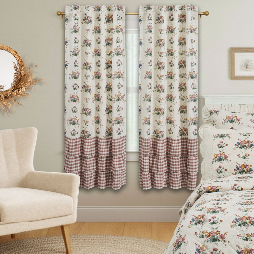 April & Olive Panel Rosehill Cottage Floral & Gingham Ruffled Cotton Short Panel Curtain Set - 36x63 Dusty Rose & Natural Window Drapes