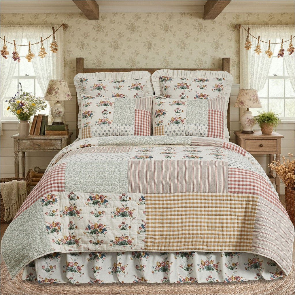 April & Olive Quilt Rosehill Cottage Floral Gingham Patch Cotton Queen Quilt - 90x90 Dusty Rose & Natural Vintage Patchwork Bedding