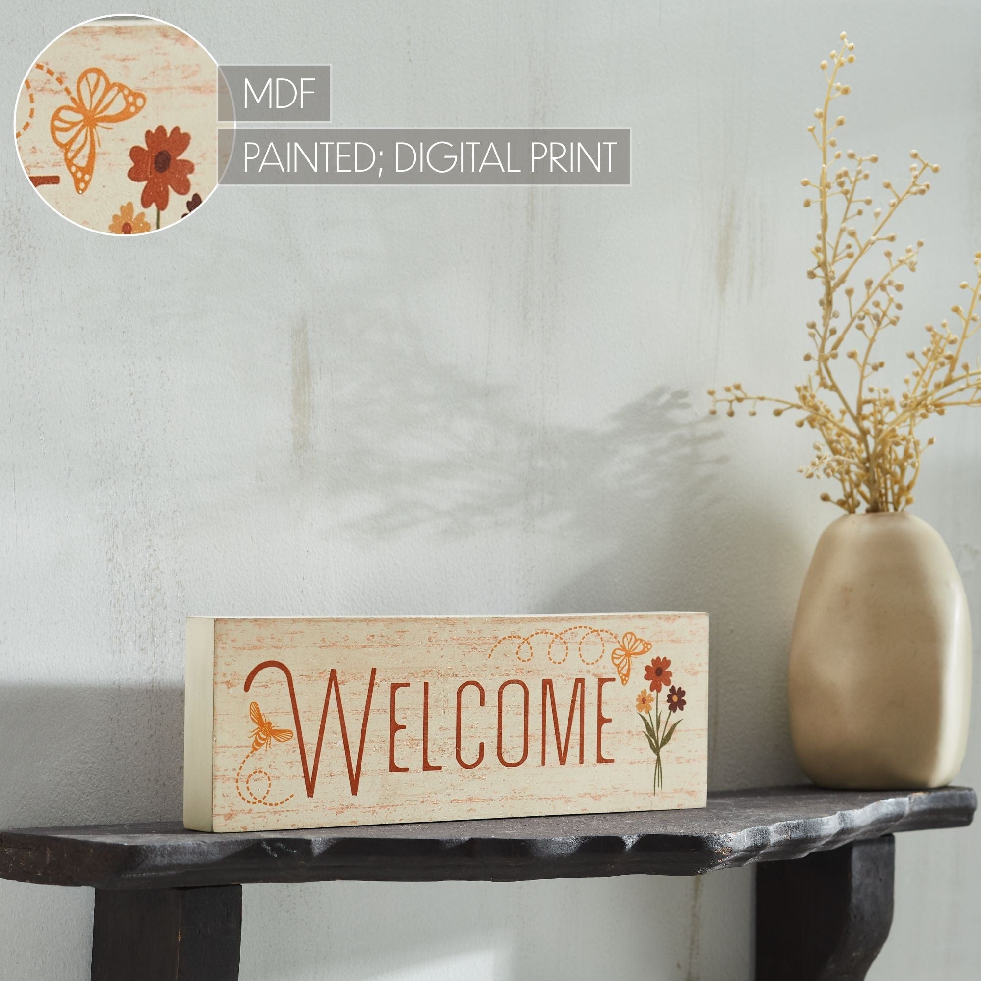Spring Bee Signs Spring In Bloom Welcome w/ Butterfly & Bee MDF Wall Sign 4x12x1