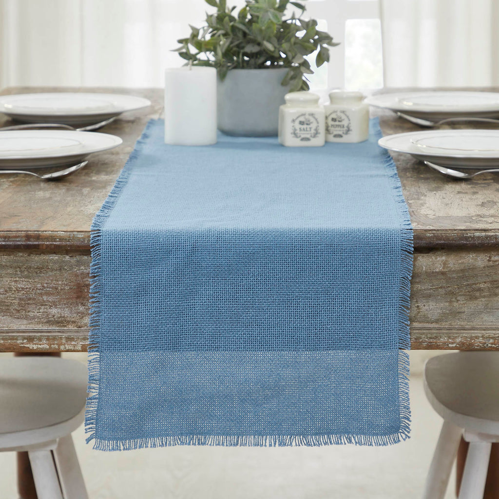 Burlap Blue Runner Fringed 12x48 - The Village Country Store