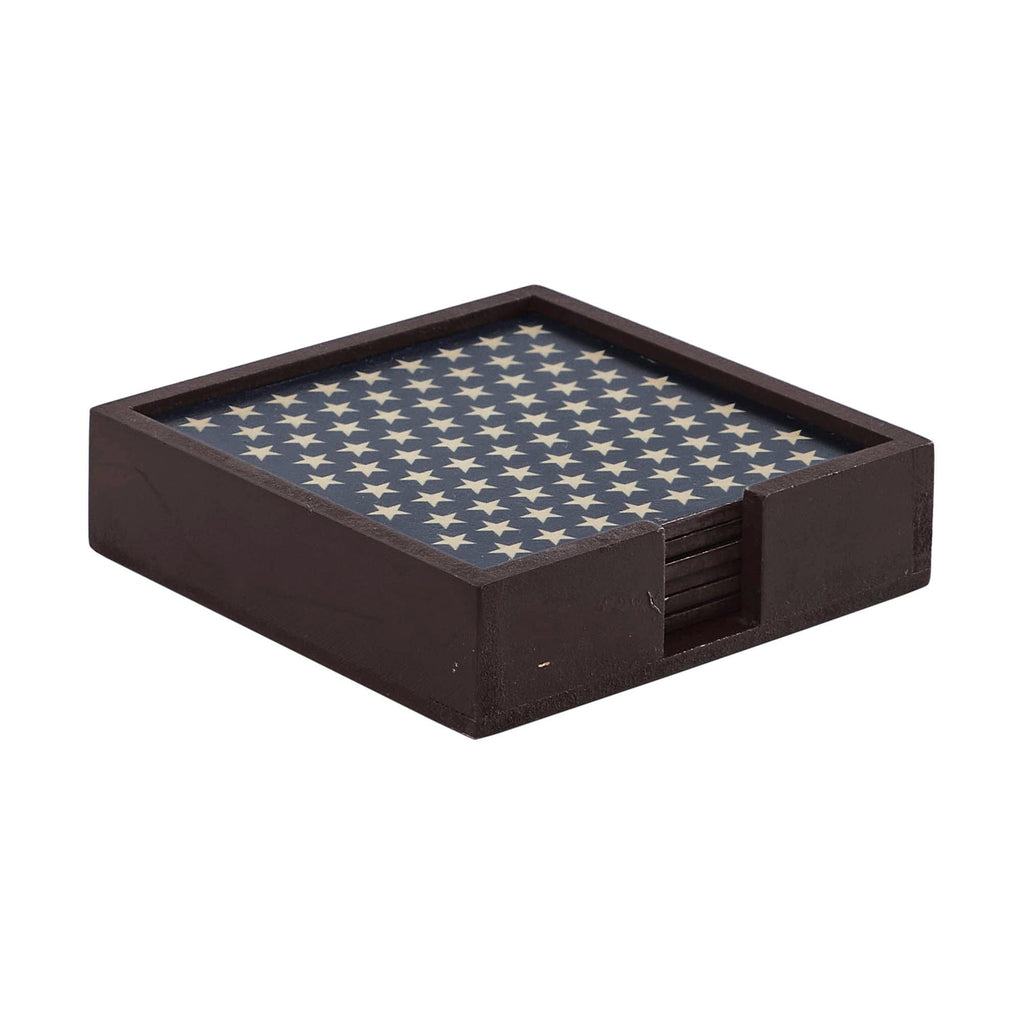 White Stars On Navy MDF Coaster w/ Container Set of 6 4x4
