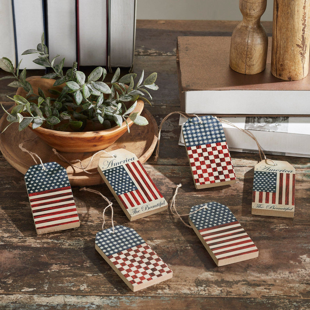 Mayflower Market Ornament My Country Americana MDF Tag Ornaments w/ Twines 5x2.5x0.5 Sets of 6
