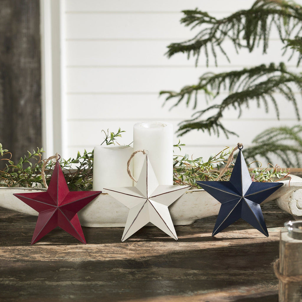 Mayflower Market Ornament Painted Metal RWB Stars Ornament Set of 3 Colors 6x6x1