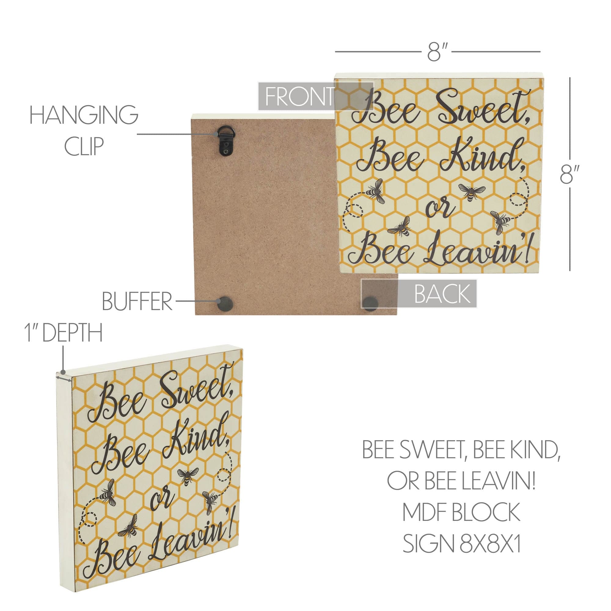 Bee Block Sign Buzzy Bees Bee Sweet, Bee Kind, or Bee Leavin! MDF Block Sign 8x8x1