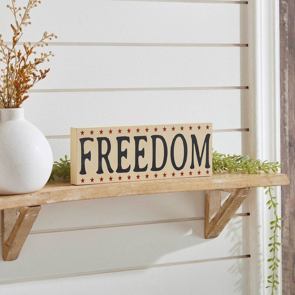 Freedom Table Sign FREEDOM w/ Red Stars On Creme MDF Block Sign 4x11x1