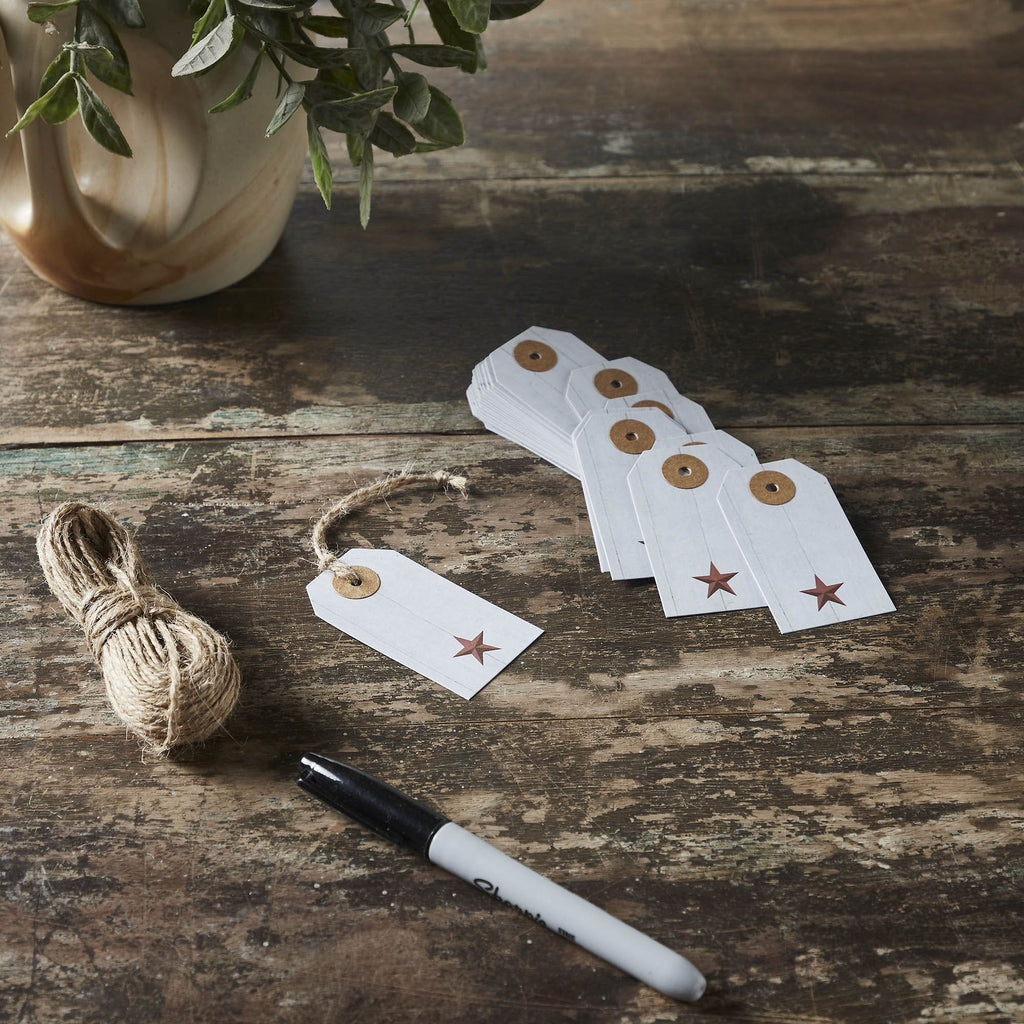 Mayflower Market Tag Faceted Barn Star Barnwood Paper Tag Barn Red 2.75x1.5 w/ Twine Set of 50