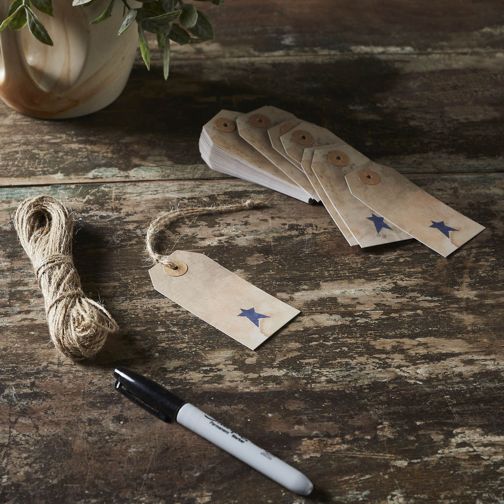 Mayflower Market Tag Primitive Star Tea Stained Paper Tag Navy 3.75x1.75 w/ Twine Set of 50