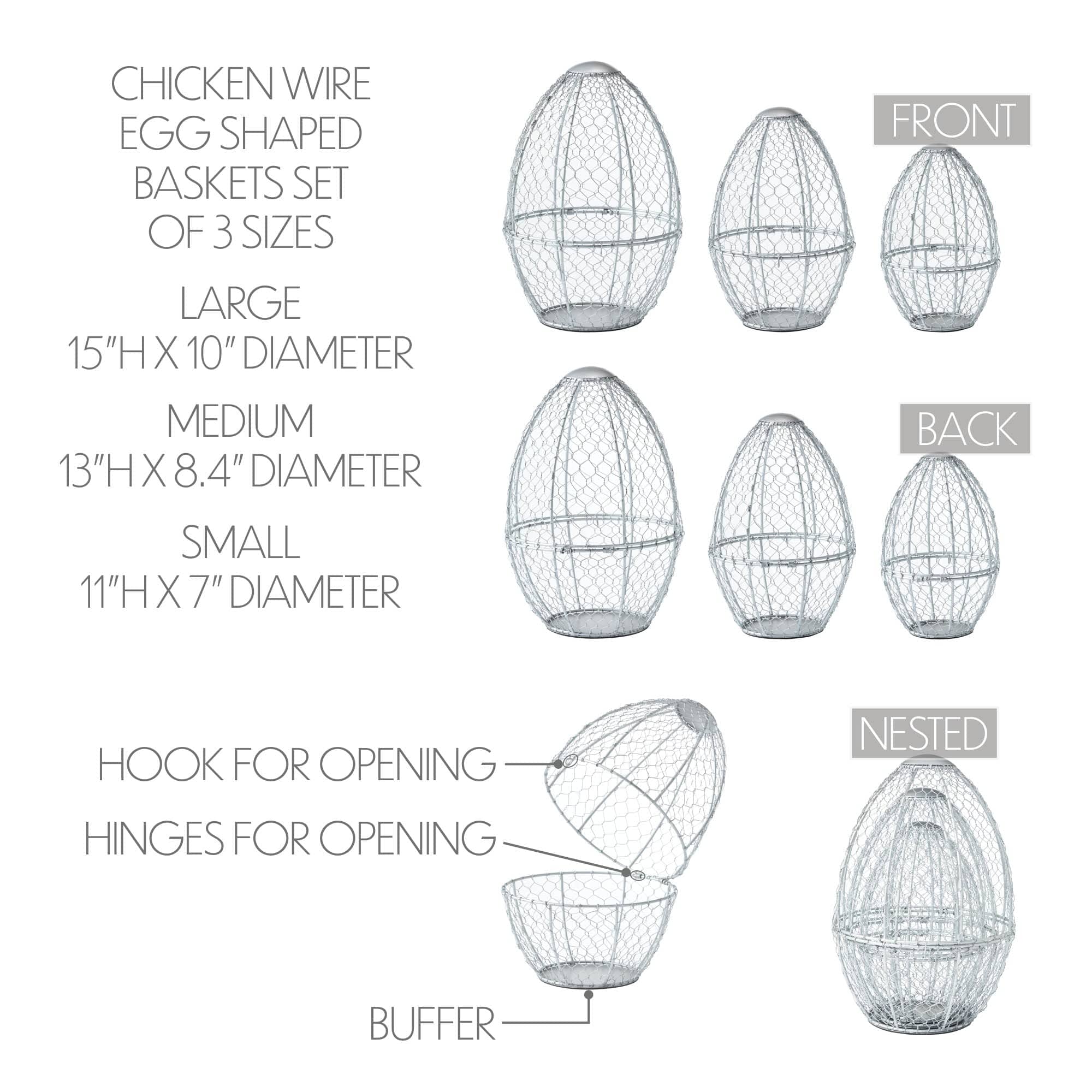 Hop Size Bunny Hop Chicken Wire Egg Shaped Baskets Set of 3 Sizes