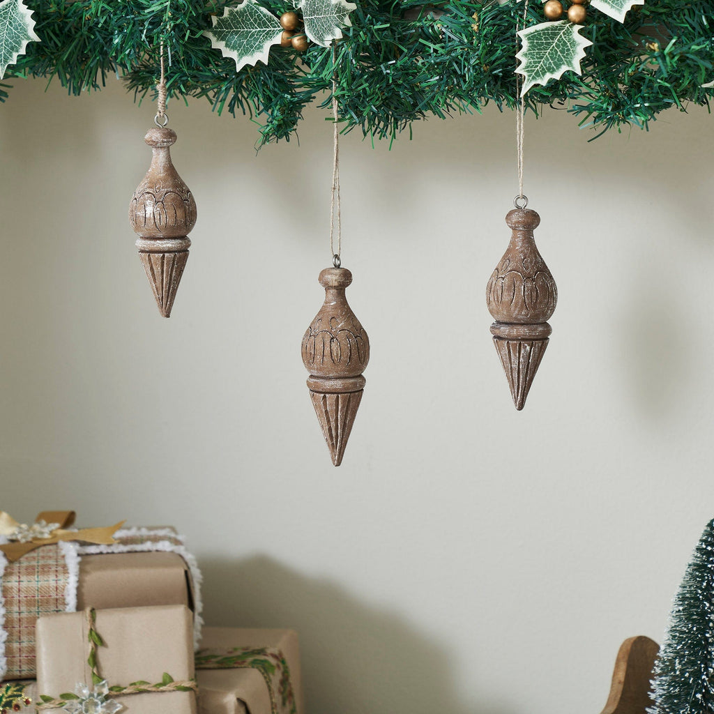 Seasons Crest Ornament Cottage Finial Ornament Feathered Finish Set of 3 5.5x2x2