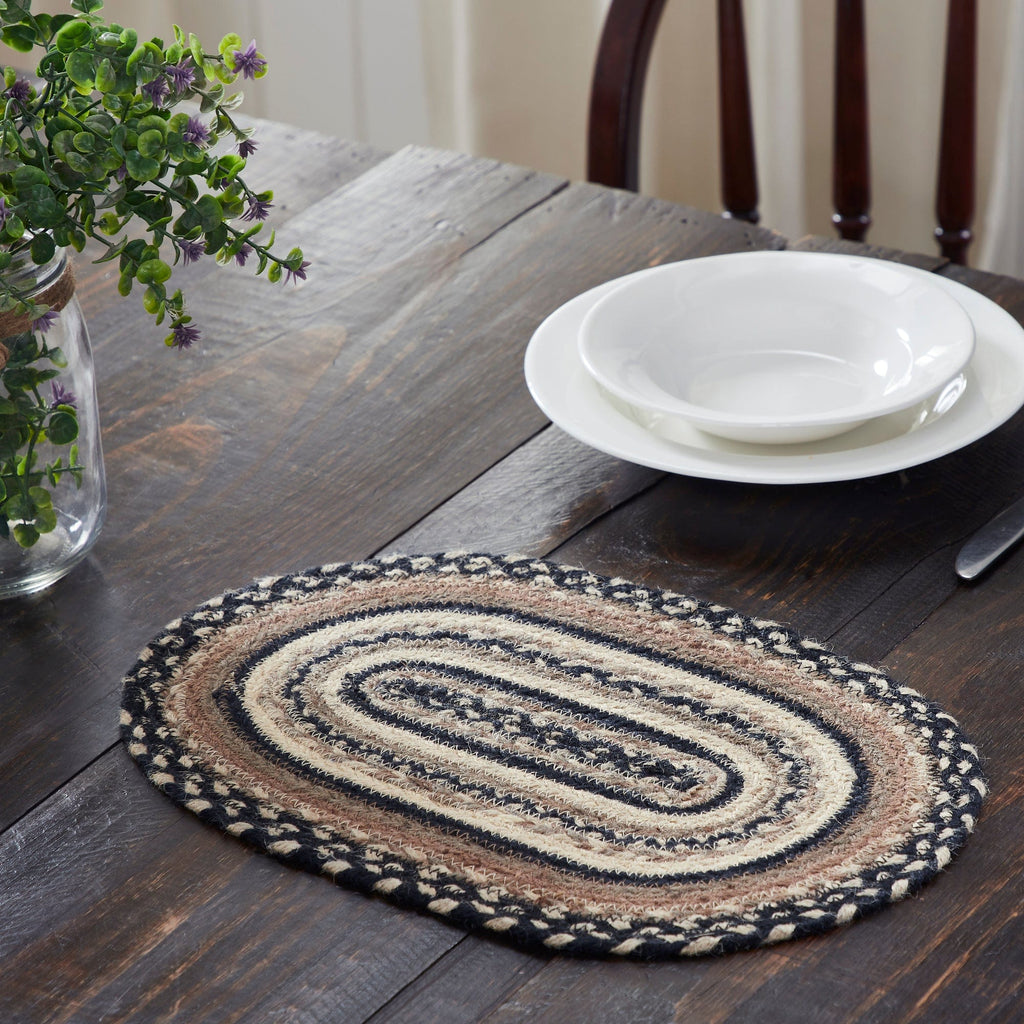 April & Olive Placemat Sawyer Mill Charcoal Creme Jute Oval Placemat 10x15