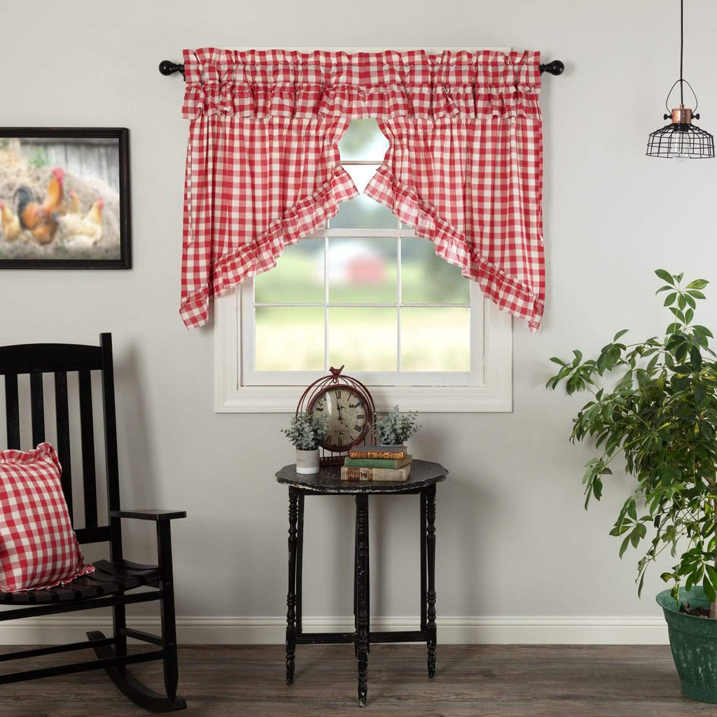 Annie Buffalo Red Check Ruffled Prairie Swag Set of 2 36x36x18 - The Village Country Store