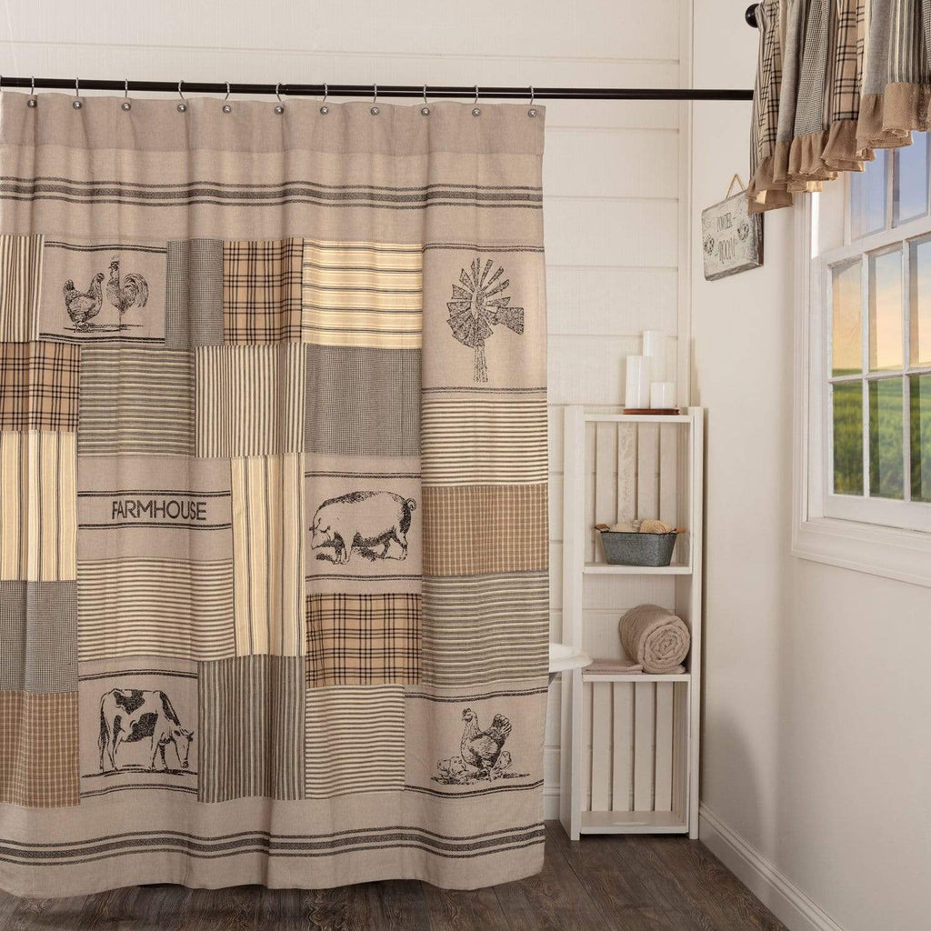 Sawyer Mill Charcoal Stenciled Patchwork Shower Curtain 72x72 - The Village Country Store