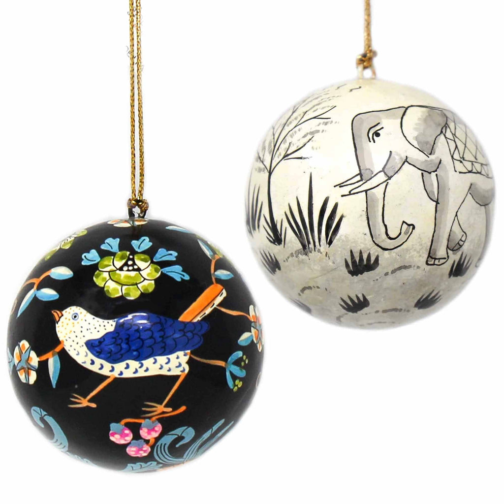 Asha Handicrafts Holiday Ornaments Handpainted Elephant & Bird Ornaments, Set of 2