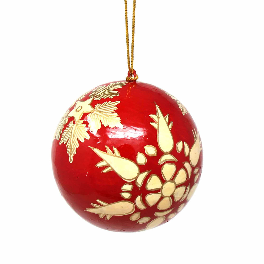 Handpainted Red and Gold Snowflake Papier Mache Hanging Ball Ornament - The Village Country Store