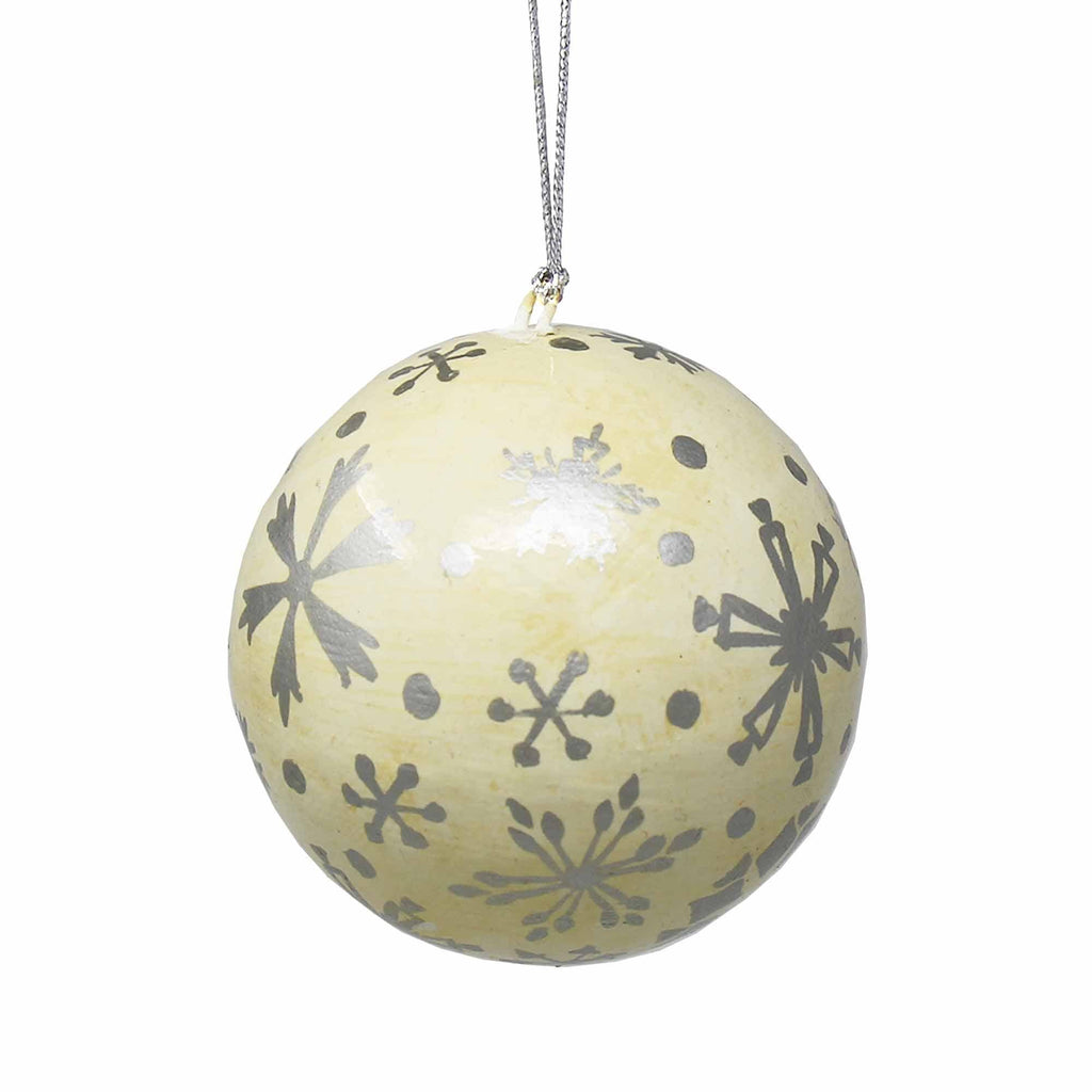 Handpainted Silver Snowflakes and Dots Papier Mache Hanging Ball Ornament - The Village Country Store