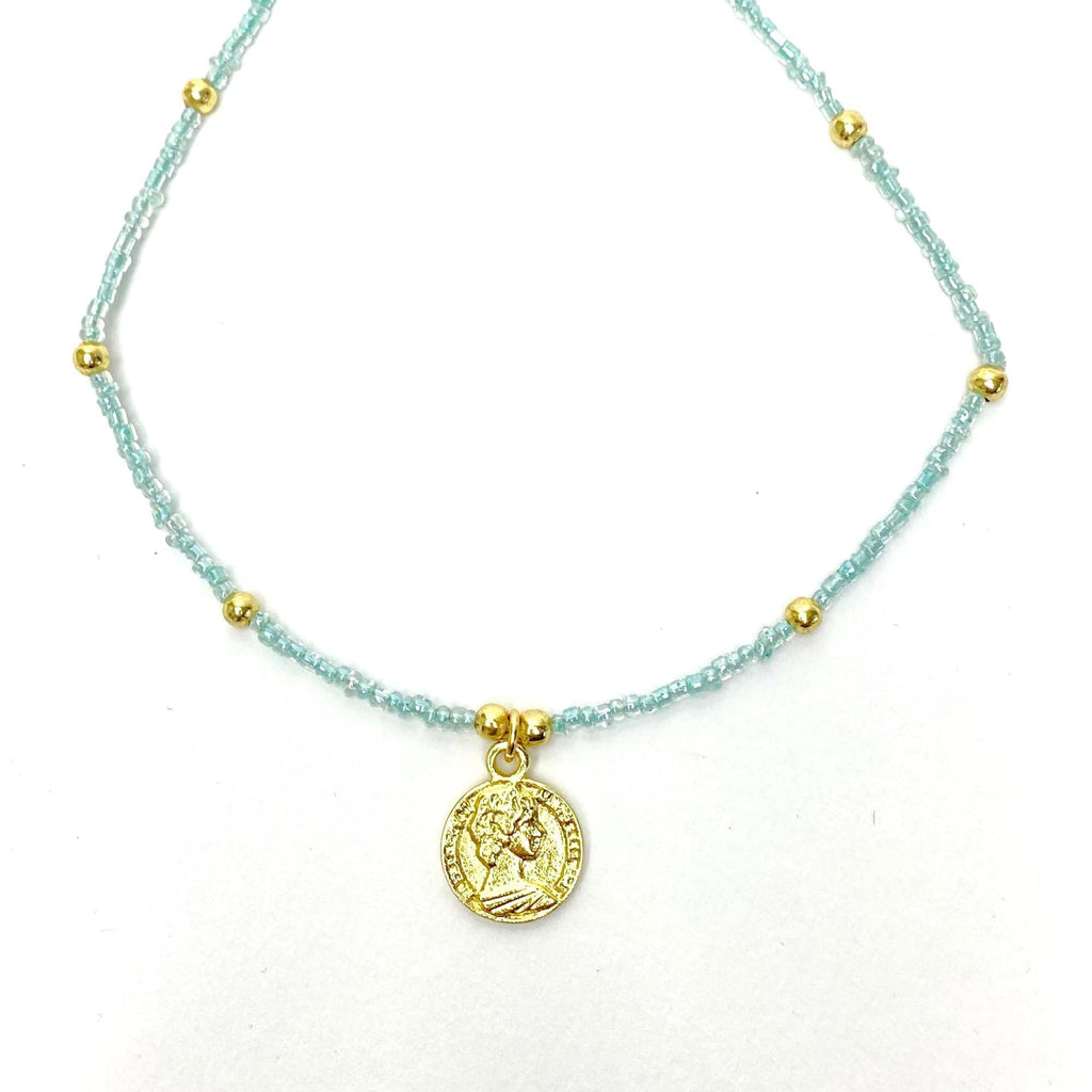 Baby blue Glass Bead Choker with Brass Coin Pendant - The Village Country Store