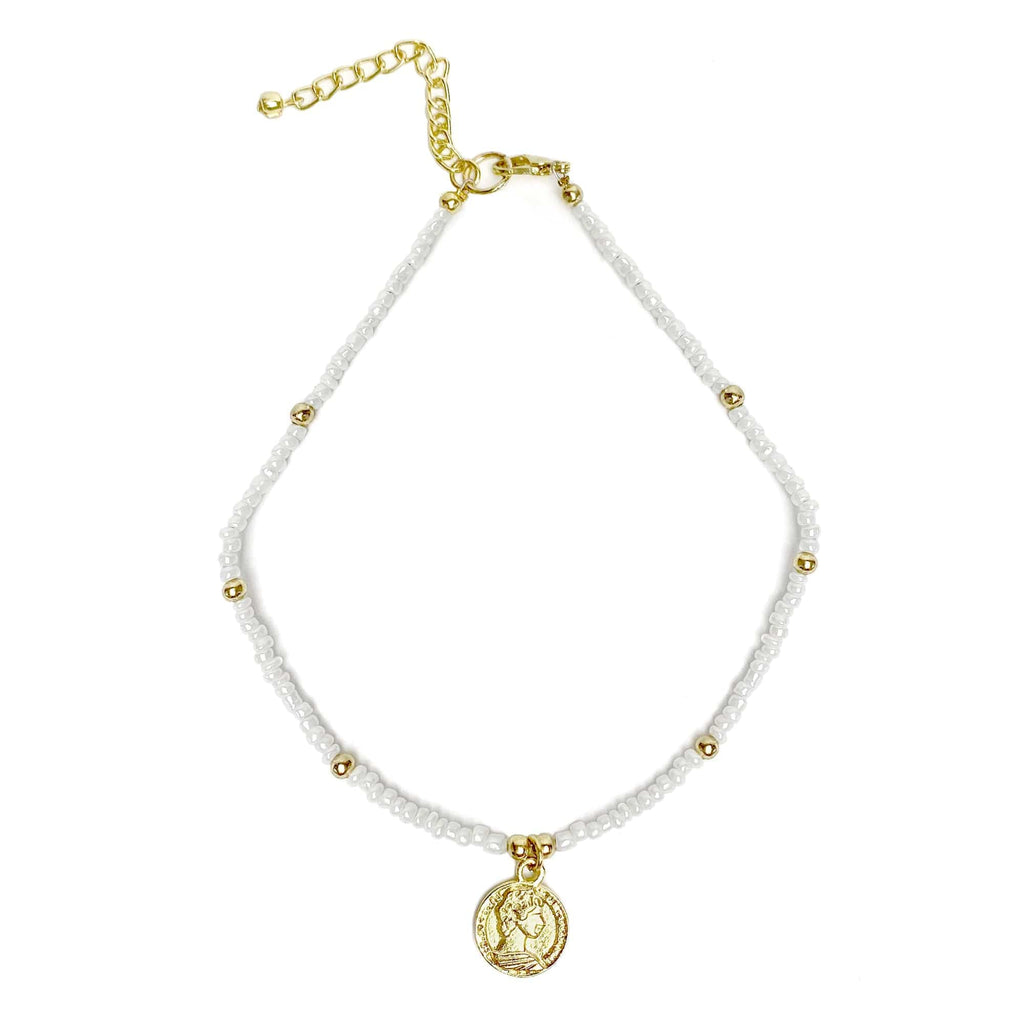 Asha Handicrafts Jewelry White Glass Bead Choker with Brass Coin Pendant