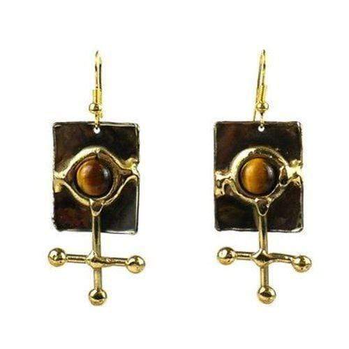 Gold Tiger Eye Ball and Jack Brass Earrings - Brass Images (E) - The Village Country Store