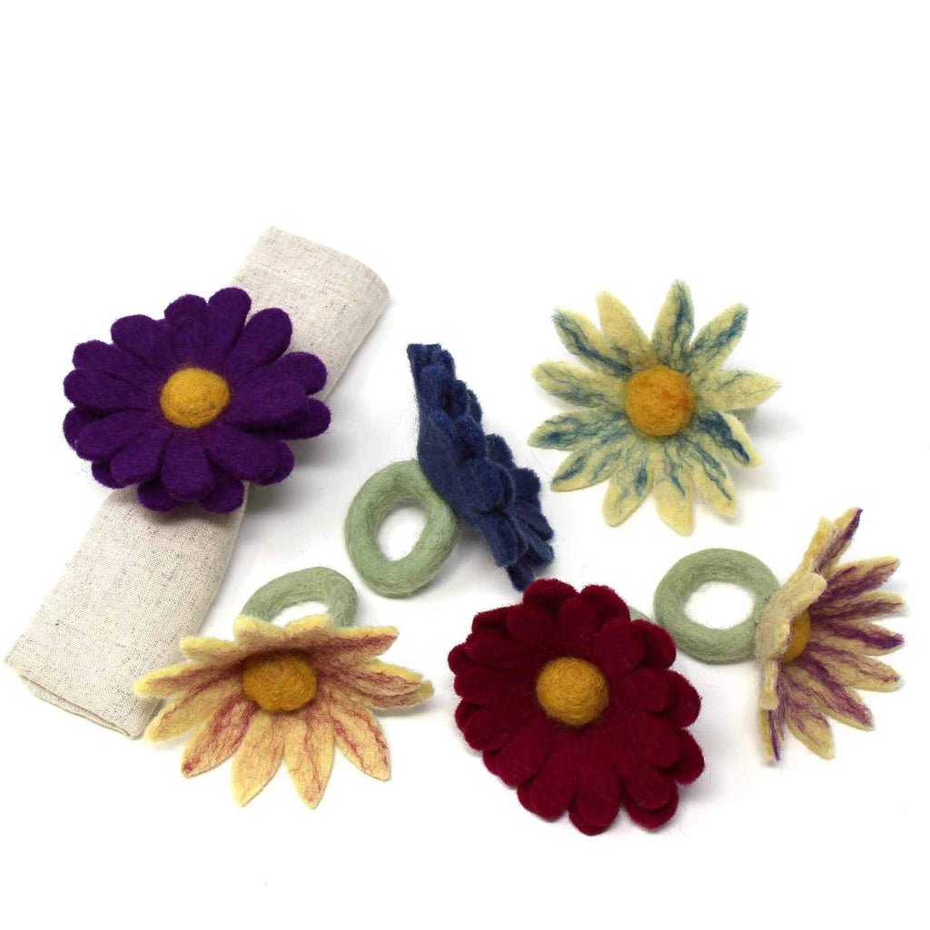 Hand Crafted Felt from Nepal: Set of 6 Napkin Rings, Assorted Daisies for Fall - The Village Country Store
