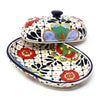 Handmade Pottery Butter Dish, Dots & Flowers - Encantada - The Village Country Store