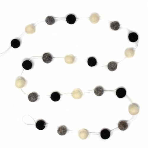 Hand Crafted Felt from Nepal: Pom Pom Garlands, White/Black/Gray - The Village Country Store