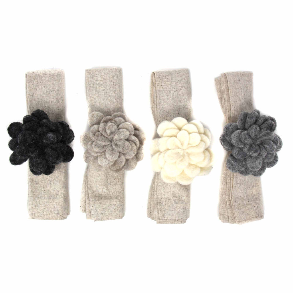 Global Groove Direct Kitchen Hand Crafted Felt: Set of 4 Napkin Rings, Assorted Neutral Color Zinnias