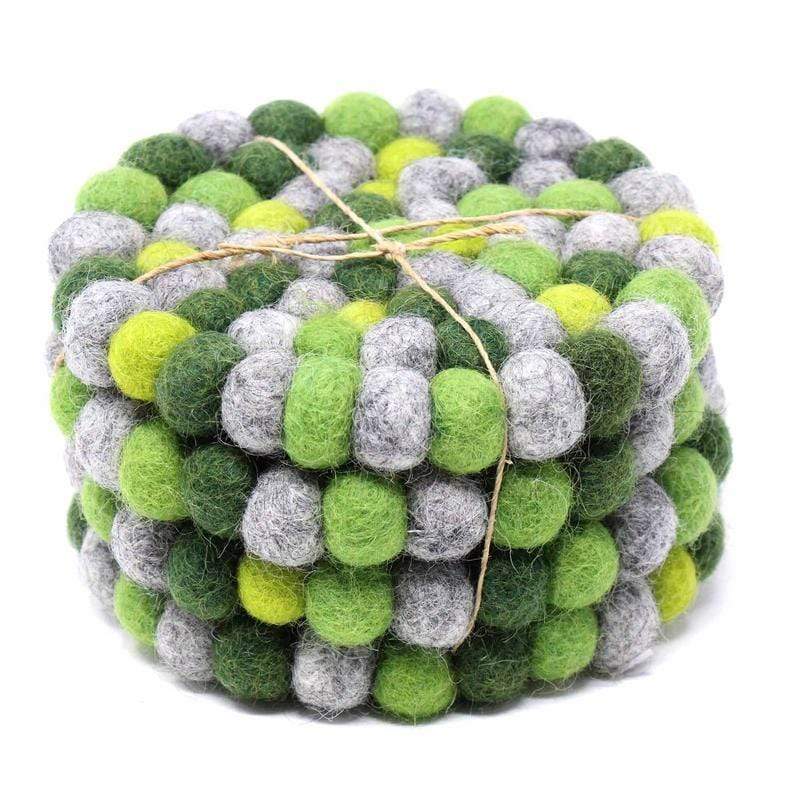 Global Groove (T) Tableware Hand Crafted Felt Ball Coasters from Nepal: 4-pack, Chakra Greens - Global Groove (T)