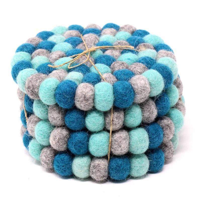Global Groove (T) Tableware Hand Crafted Felt Ball Coasters from Nepal: 4-pack, Chakra Light Blues - Global Groove (T)