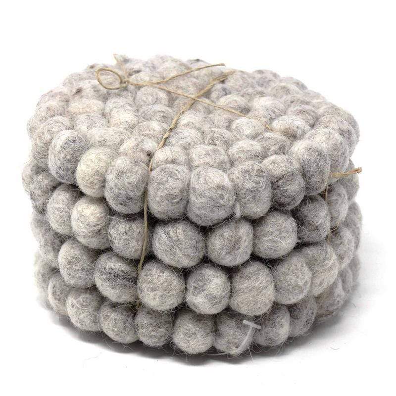 Global Groove (T) Tableware Hand Crafted Felt Ball Coasters from Nepal: 4-pack, Light Grey - Global Groove (T)