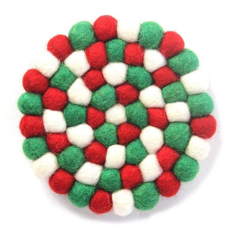 Global Groove (T) Tableware Hand Crafted Felt Ball Coasters from Nepal: 4-pack, White Christmas Multicolor - Global Groove (T)