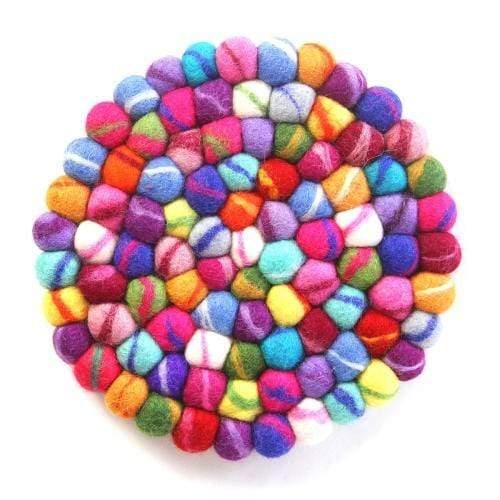 Global Groove (T) Tableware Hand Crafted Felt Ball Trivets from Nepal: Round, Rainbow - Global Groove (T)