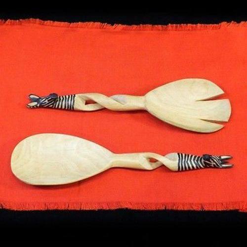 Jedando Handicrafts Tableware Fair Trade Handmade Carved Wood Zebra Salad Tongs Serving Set