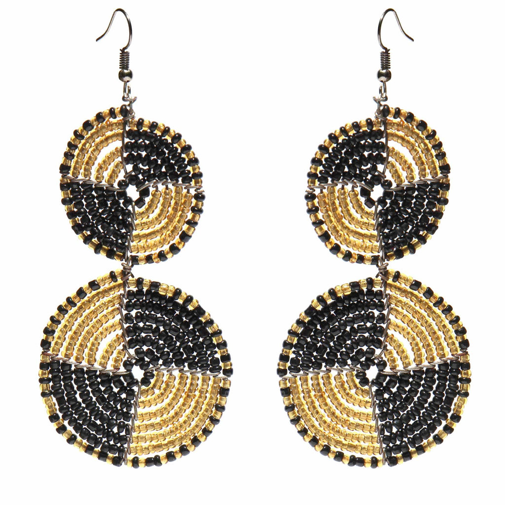 Maasai Bead Double Circle Dangle Earrings, Gold and Black - The Village Country Store