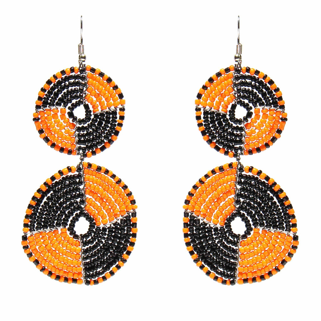 Maasai Bead Double Circle Dangle Earrings, Mango Orange and Black - The Village Country Store