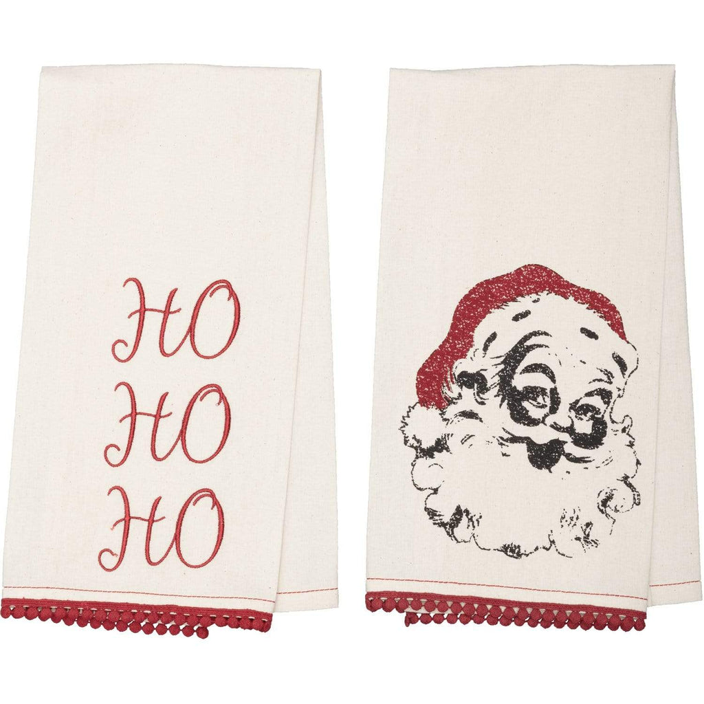 Seasons Crest Kitchen Towel Chenille Christmas Ho Ho Ho Bleached White Muslin Tea Towel Set of 2 19x28