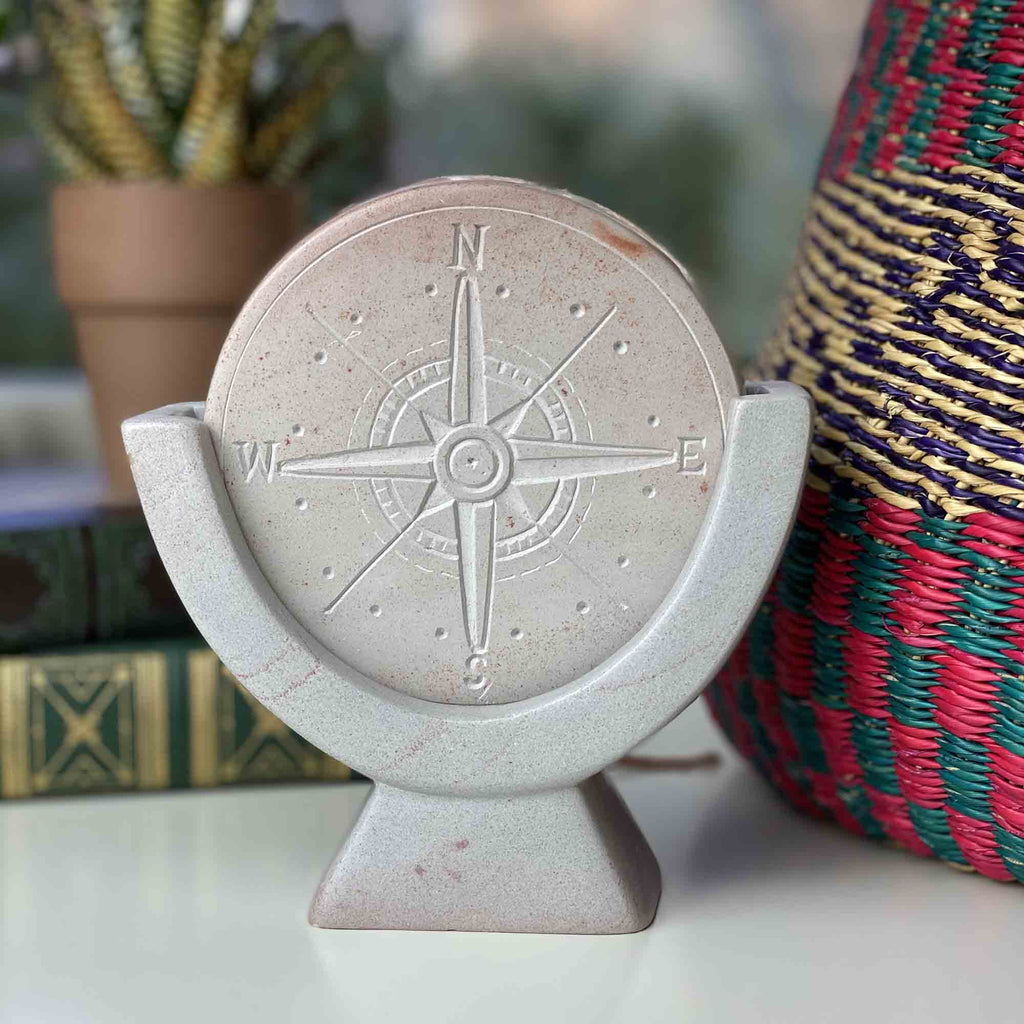 Compass Soapstone Sculpture, Light Gray Stone - The Village Country Store