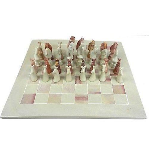 Smolart Soapstone Hand Carved Soapstone Animal Chess Set - 15" Board - Smolart